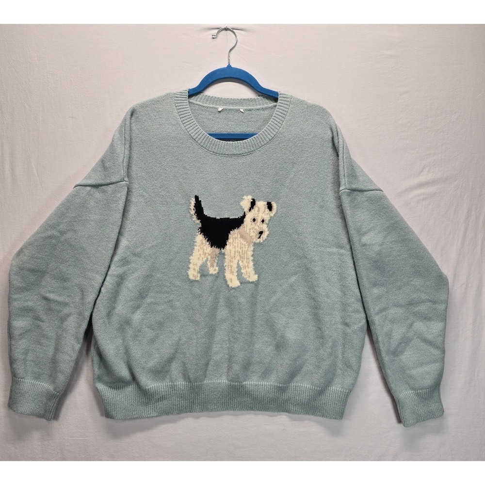Le Lis Womens Fox Terrier Dog Sweater Large Blue Novelty Puppy Knit Crewneck